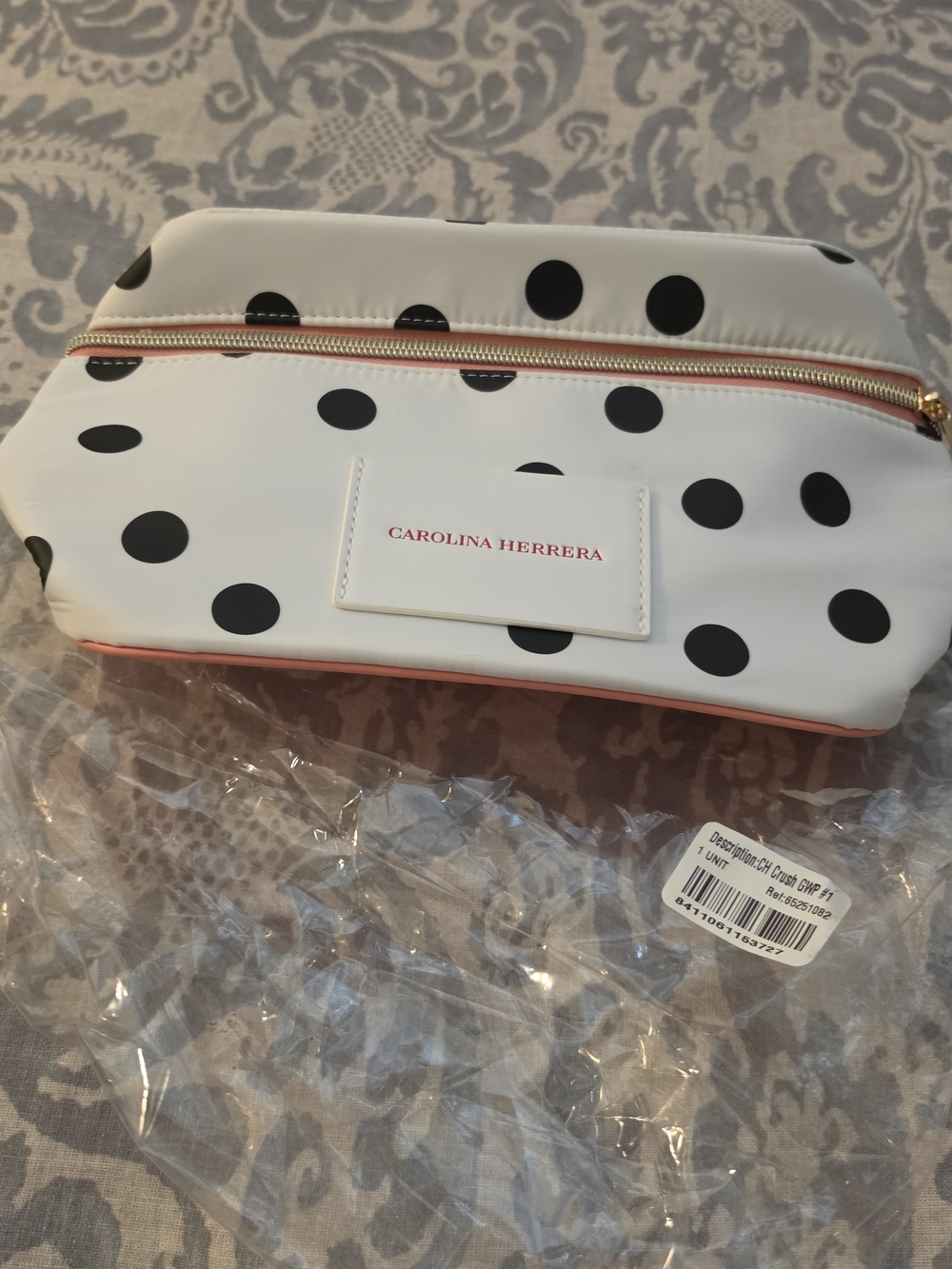 Carolina Herrera White Polka Dot Cosmetic Pouch with Black Dots and Coral Trim